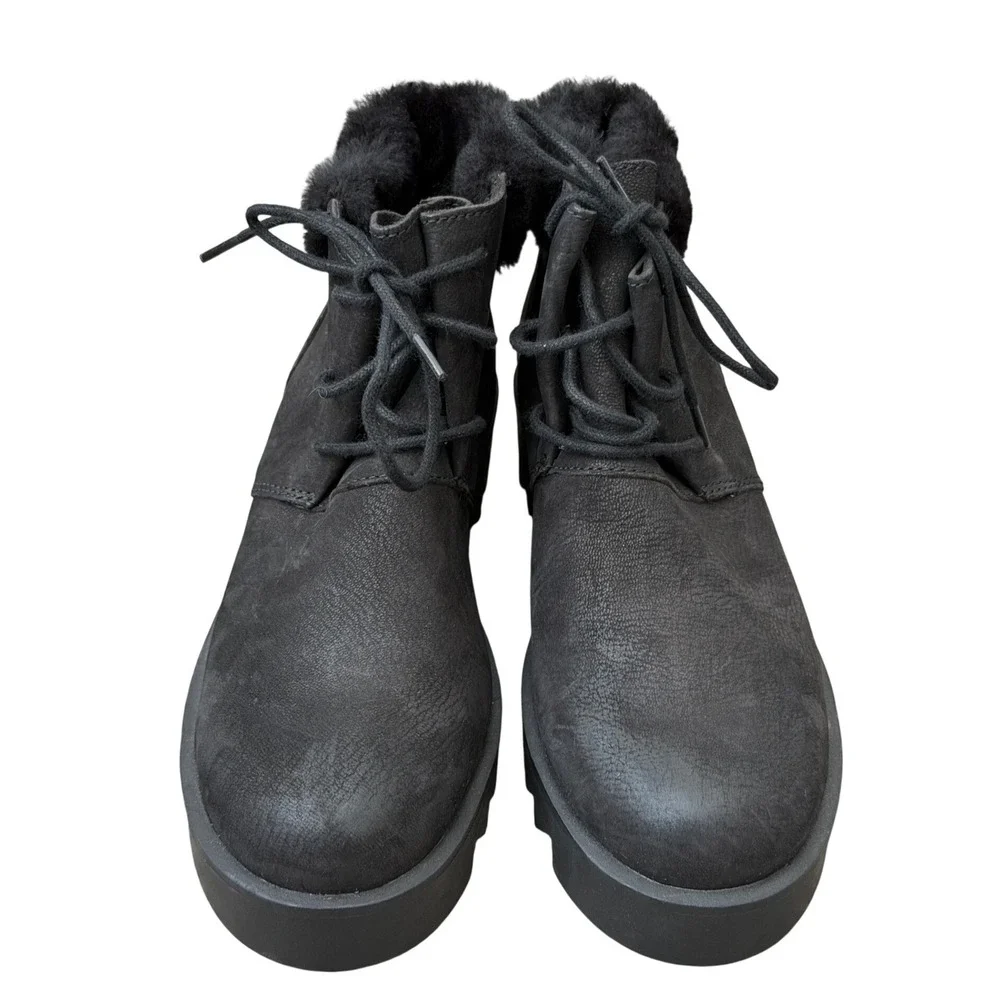 Eileen Fisher Black Nubuck Sheared Lamb Fur Trim Sawtooth Platform Boots 5.5 NEW